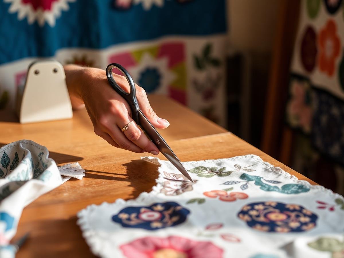 Cutting fabric at the work table
