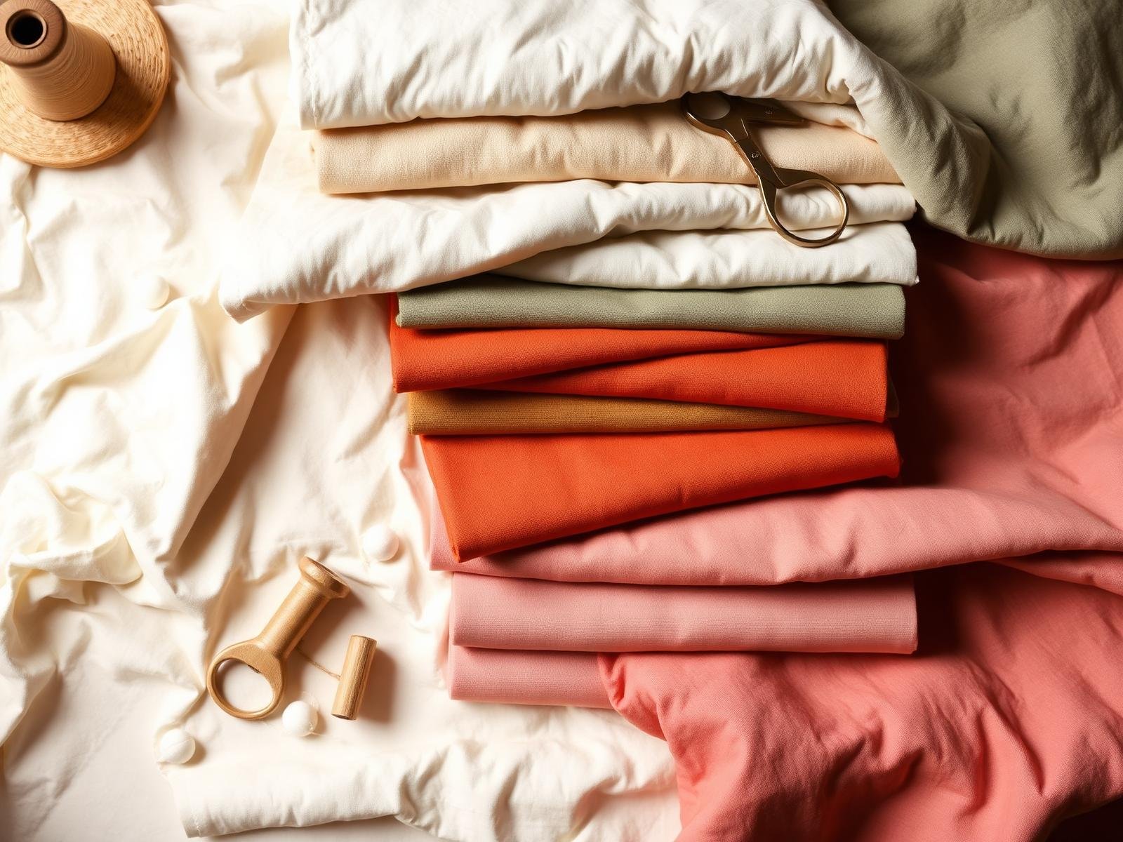 Folded stacks of quilting cotton in warm tones